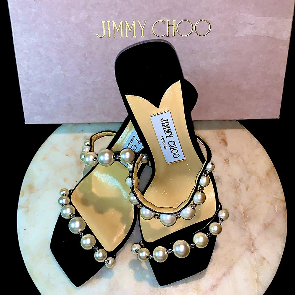 JIMMY CHOO AMARA 85 SANDAL BLACK SUEDE PEARLS SIZE 7 NEW IN BOX  3.3 IN HEEL